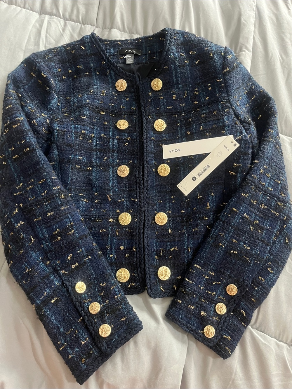 NWT Aqua Navy Tweed Jacket with Gold Buttons